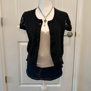 Black Button-Up Cardigan with Lace Sleeves